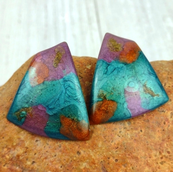 Crackled Turquoise & Metallic Copper Brown Enamel Abstract Brass Earrings - Picture 4 of 7